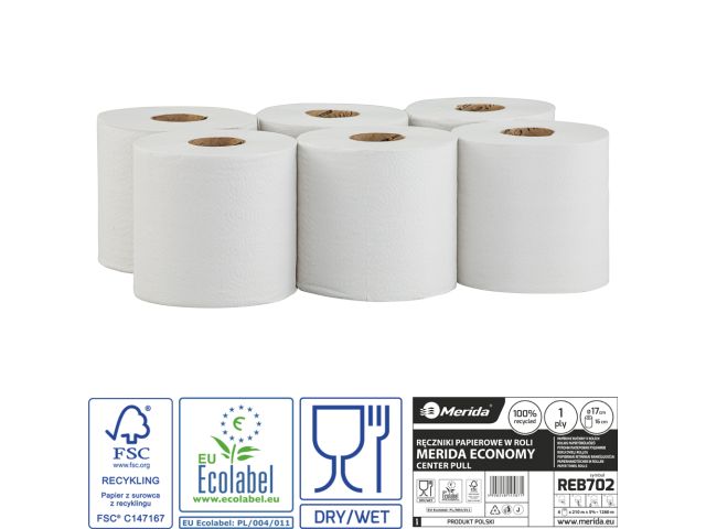 Ręczniki papierowe w roli MERIDA ECONOMY CENTER PULL MINI, białe, średnica 17 cm, długość 210 m, jednowarstwowe, zgrzewka 6 rolek, ECOLABEL